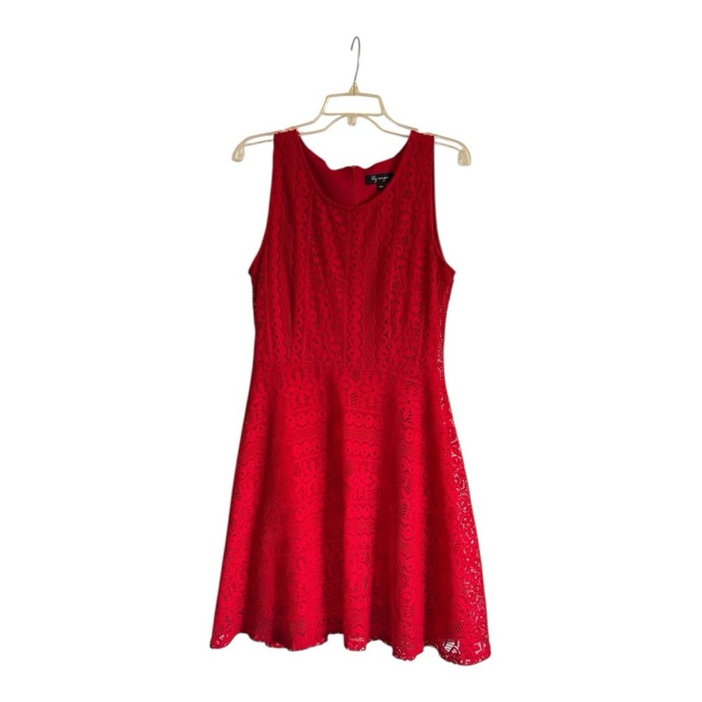 Red Lace Dress A-Line Medium Sleeveless Lily Morgan Holiday Christmas Dress Sexy - Picture 9 of 9